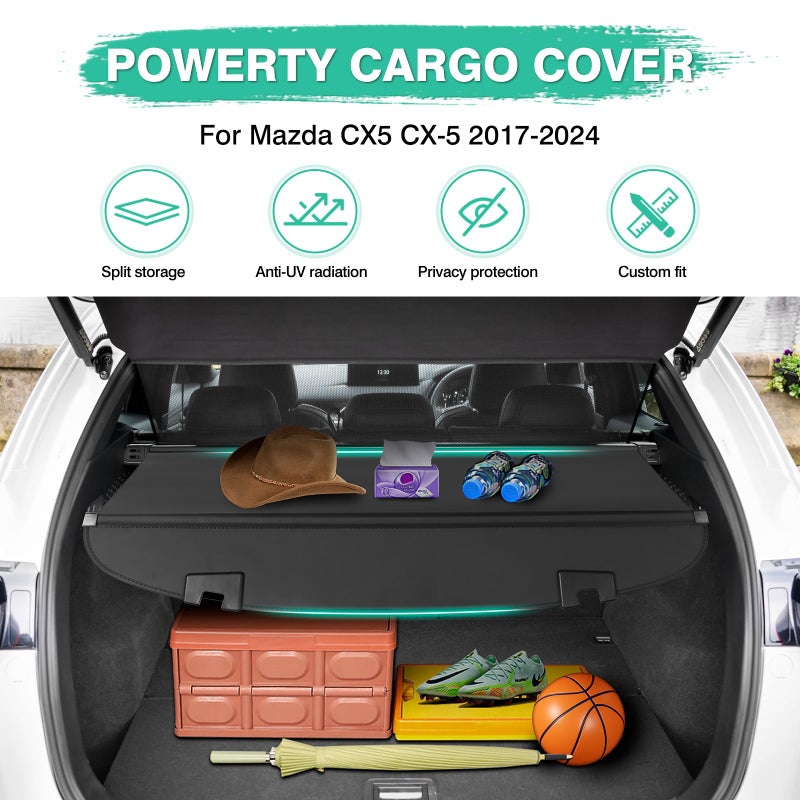 Powerty غطاء شحن باورتي لمازدا CX5 CX-5 2017-2024 2025 ملحقات غطاء صندوق قابل للسحب غطاء صندوق مقاوم للماء غطاء أمان للصندوق درع ظل بدون فجوة - Image 2